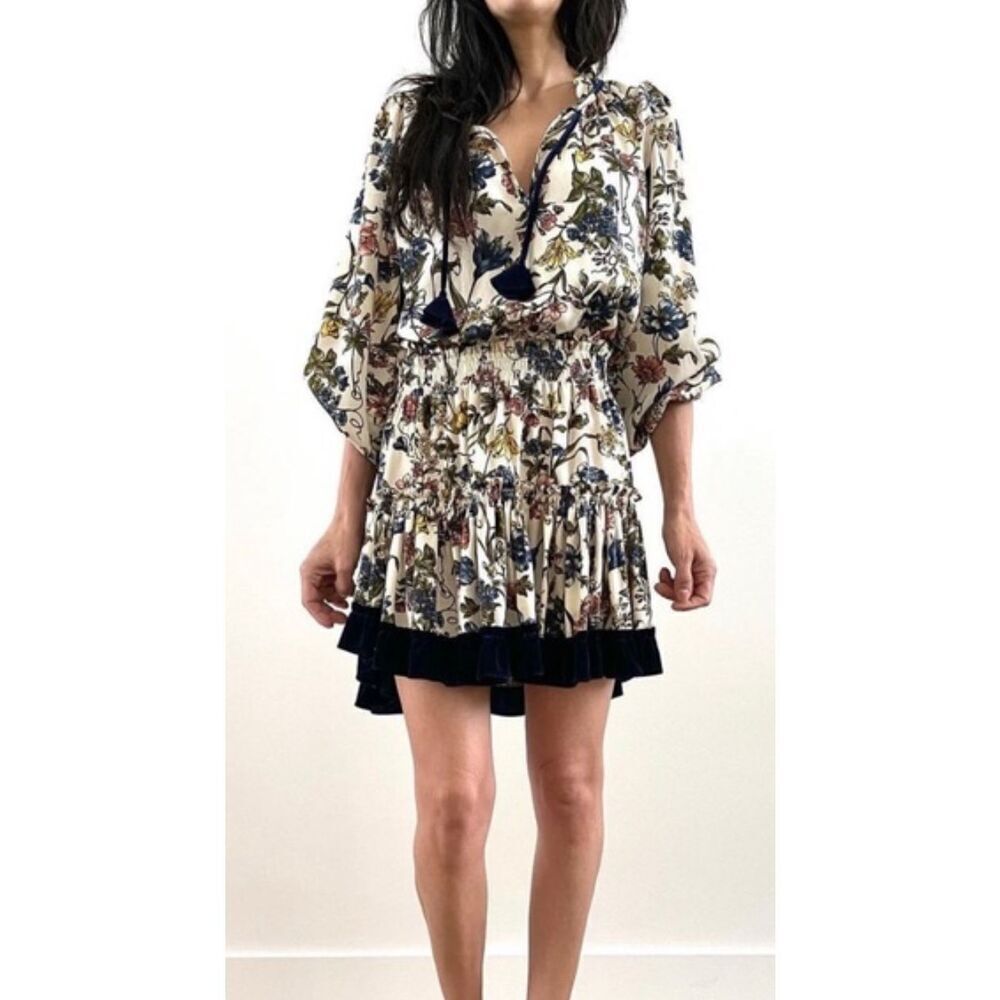 MISA Agatha floral mini dress w velvet accents, Lrg $325